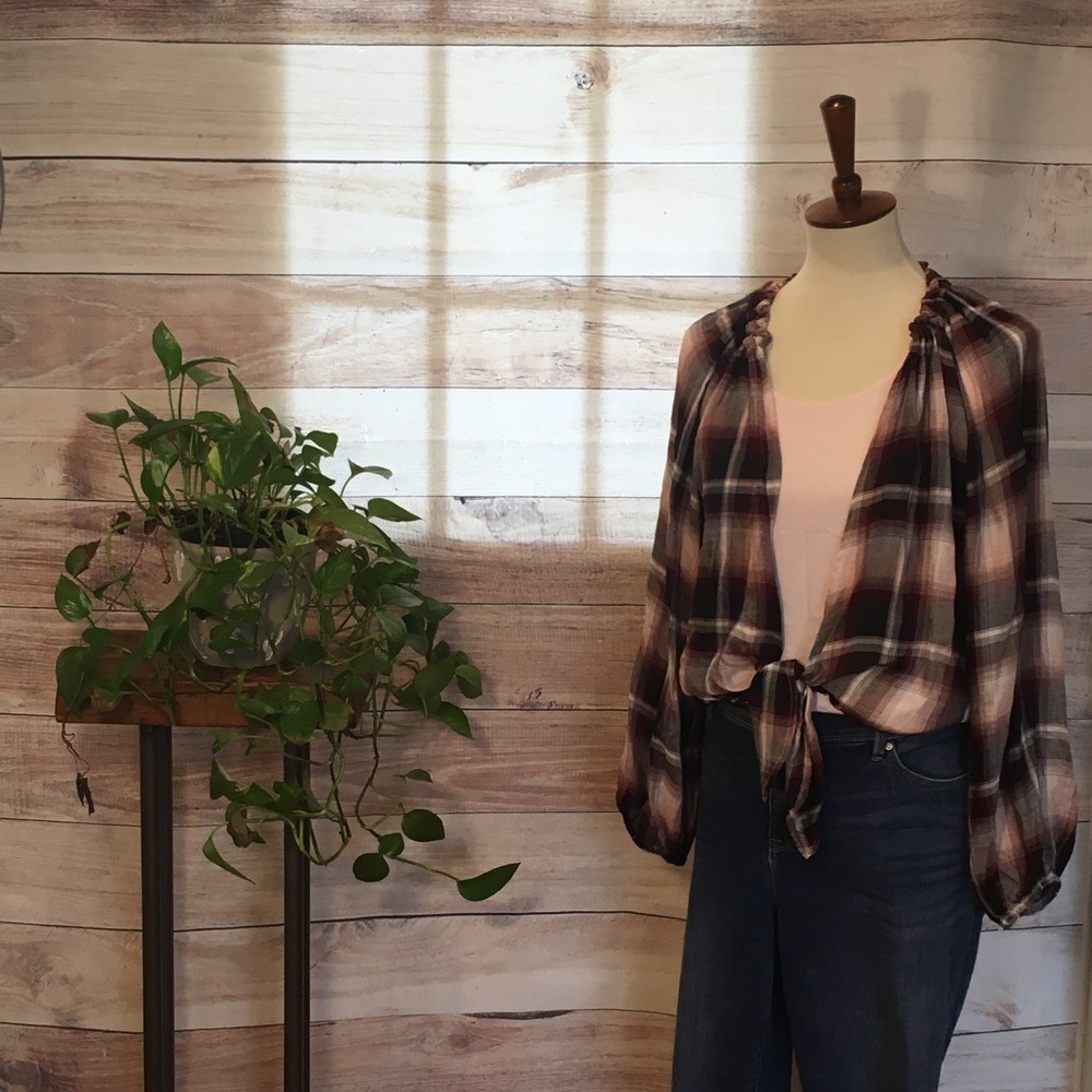 Red flannel tie blouse